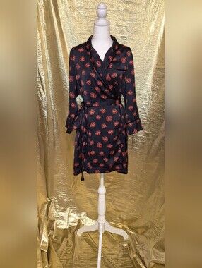 RACHEL Rachel Roy Black Wrap Dress with Red Rose Print